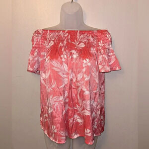 Harve Benard shirt - coral/red floral print smocked off shoulder